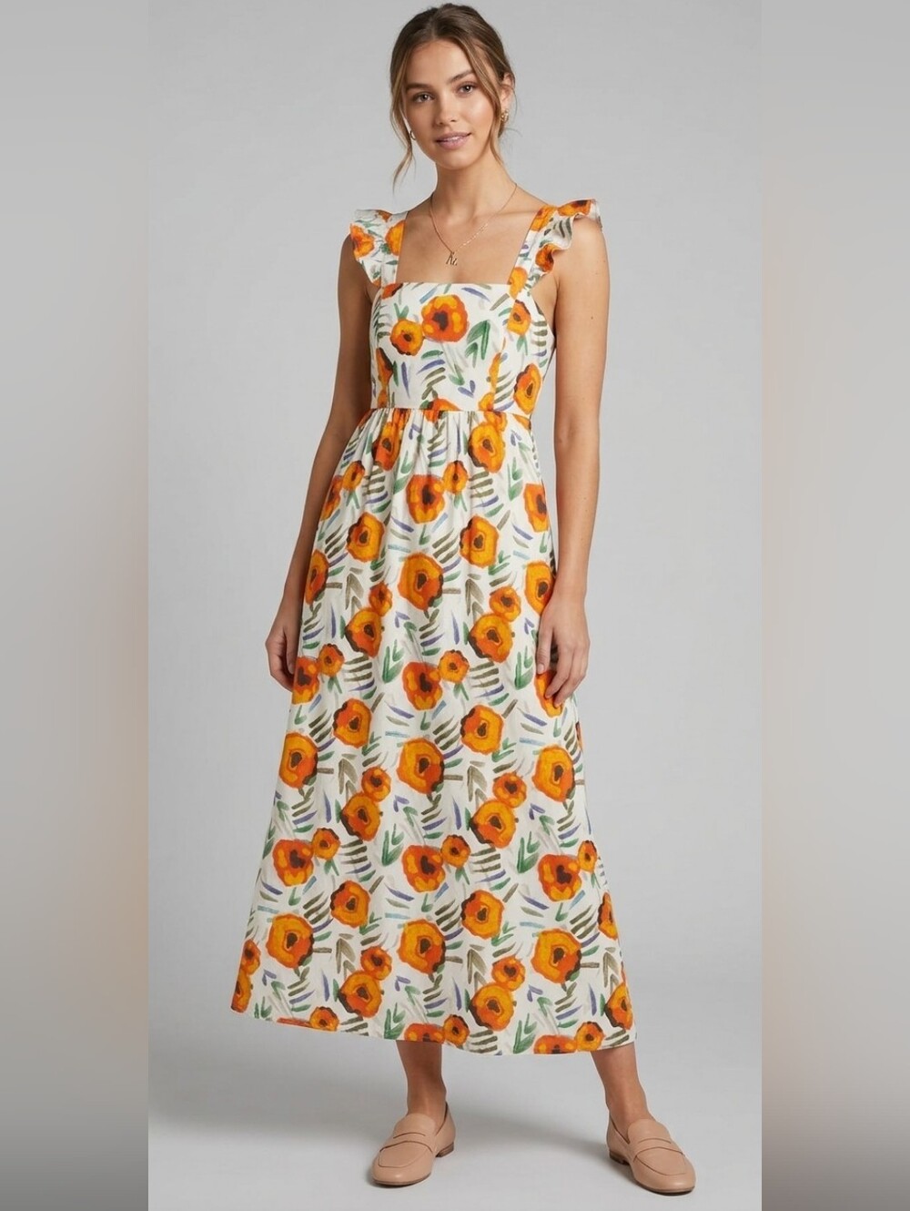Easel Floral Ruffle Strap Maxi Dress Sz Med White Orange Green Print - Like New